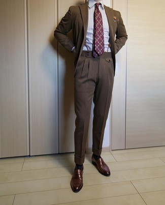 Multi colored Pocket Square Outfits: A dark brown suit and a multi colored pocket square paired together are a match made in heaven. Add dark brown leather loafers to the mix for an extra dose of style.