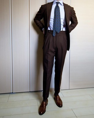 Men's Dark Brown Suit, Light Blue Vertical Striped Dress Shirt, Dark Brown Leather Loafers, Navy Print Tie