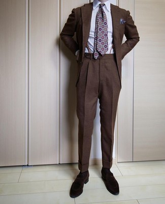Men's Dark Brown Suit, White Vertical Striped Dress Shirt, Dark Brown Velvet Loafers, Light Blue Print Tie