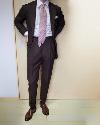 Men's Dark Brown Suit, White Vertical Striped Dress Shirt, Dark Brown Leather Loafers, Pink Print Tie