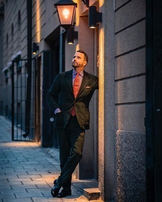 Dark Green Suit Outfits: Try teaming a dark green suit with a white and navy vertical striped dress shirt for truly classic style. Add black leather loafers to this look and you're all set looking incredible.