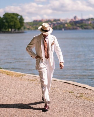 Men's White Linen Suit, White Dress Shirt, Burgundy Leather Loafers, Beige Wool Hat