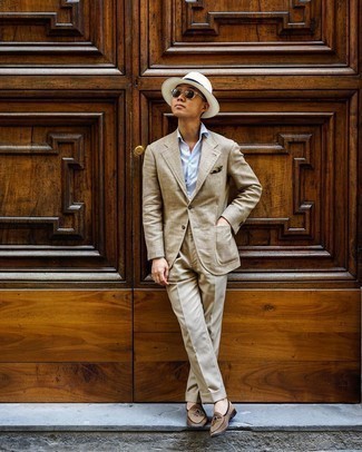 Men's Tan Suit, Light Blue Dress Shirt, Brown Suede Loafers, White Straw Hat