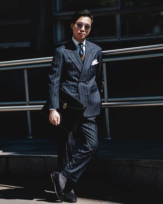 Navy Horizontal Striped Tie Outfits For Men: Consider wearing a navy vertical striped suit and a navy horizontal striped tie if you're aiming for a neat, fashionable ensemble. Choose a pair of black suede loafers to make a dressy look feel suddenly fresh.