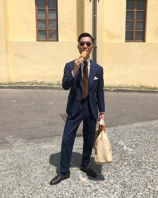Men's Navy Vertical Striped Suit, White Dress Shirt, Dark Brown Leather Loafers, Beige Canvas Duffle Bag