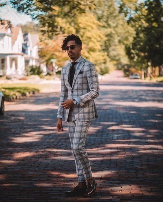 Grey Plaid Suit Outfits: For refined style with a twist, consider pairing a grey plaid suit with a grey vertical striped dress shirt. Dark brown leather loafers are a savvy choice to round off this getup.