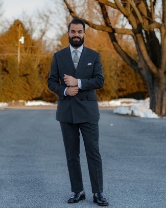 Charcoal Pocket Square Summer Outfits: A black vertical striped suit looks so good when paired with a charcoal pocket square in a laid-back getup. Why not take a classic approach with footwear and introduce black leather loafers to this look? As full-blown summer settled in, it's time for breezy outfits like this one.