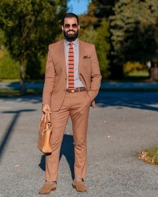 Orange Horizontal Striped Tie Outfits For Men: Pairing a tan suit with an orange horizontal striped tie is an on-point pick for a sharp and polished look. Up the fashion factor of this ensemble by sporting tan suede loafers.