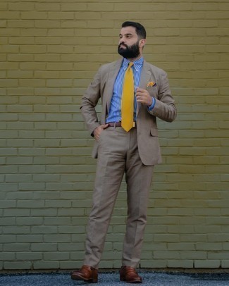 Men's Brown Suit, White and Blue Vertical Striped Dress Shirt, Brown Leather Loafers, Mustard Tie
