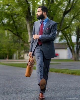 Men's Charcoal Suit, White and Blue Plaid Dress Shirt, Brown Leather Loafers, Tobacco Leather Briefcase
