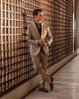 Silver Watch Dressy Outfits For Men: Go for a straightforward but casually stylish option by pairing a tan suit and a silver watch. Complement this outfit with dark brown suede loafers for a hint of sophistication.