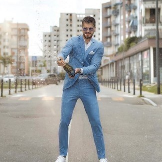 Blue Sunglasses Outfits For Men: This laid-back pairing of a light blue suit and blue sunglasses is a tested option when you need to look sharp in a flash. If not sure as to what to wear on the shoe front, stick to a pair of white canvas low top sneakers.