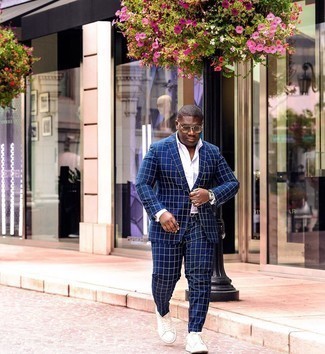 Blue Check Suit Outfits: A blue check suit and a white dress shirt are a nice combo that will get you a great deal of attention. For times when this look is too much, dial it down by slipping into a pair of white canvas low top sneakers.