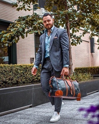Men's Charcoal Vertical Striped Suit, Light Blue Dress Shirt, White Canvas Low Top Sneakers, Navy Leather Holdall