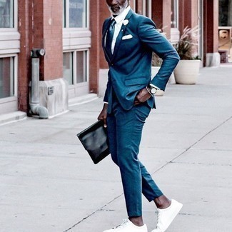 Men's Teal Suit, White Dress Shirt, White Canvas Low Top Sneakers, Black Leather Zip Pouch