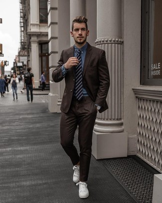 Men's Dark Brown Suit, Blue Dress Shirt, White Leather Low Top Sneakers, Navy and White Horizontal Striped Tie