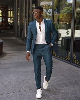 Men's Teal Suit, White Dress Shirt, White Canvas Low Top Sneakers, Dark Brown Sunglasses