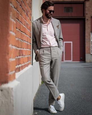 Men's Grey Suit, Pink Vertical Striped Dress Shirt, White Leather Low Top Sneakers, Yellow Print Pocket Square
