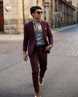 Men's Burgundy Suit, Grey Dress Shirt, Brown Suede Low Top Sneakers, White Pocket Square