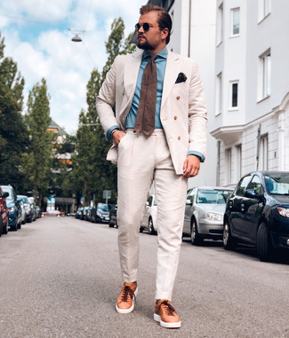 Men's Beige Suit, Light Blue Chambray Dress Shirt, Tobacco Leather Low Top Sneakers, Brown Tie
