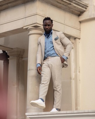 Print Scarf Outfits For Men: Consider teaming a beige linen suit with a print scarf for a hassle-free menswear style that's also put together. For extra style points, complete your look with a pair of white canvas low top sneakers.