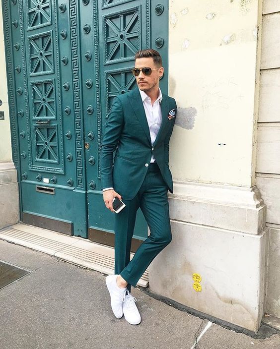 Turnip Alphabetical order escort Men's Teal Suit, White Dress Shirt, White Leather Low Top Sneakers, Light  Blue Pocket Square | Lookastic