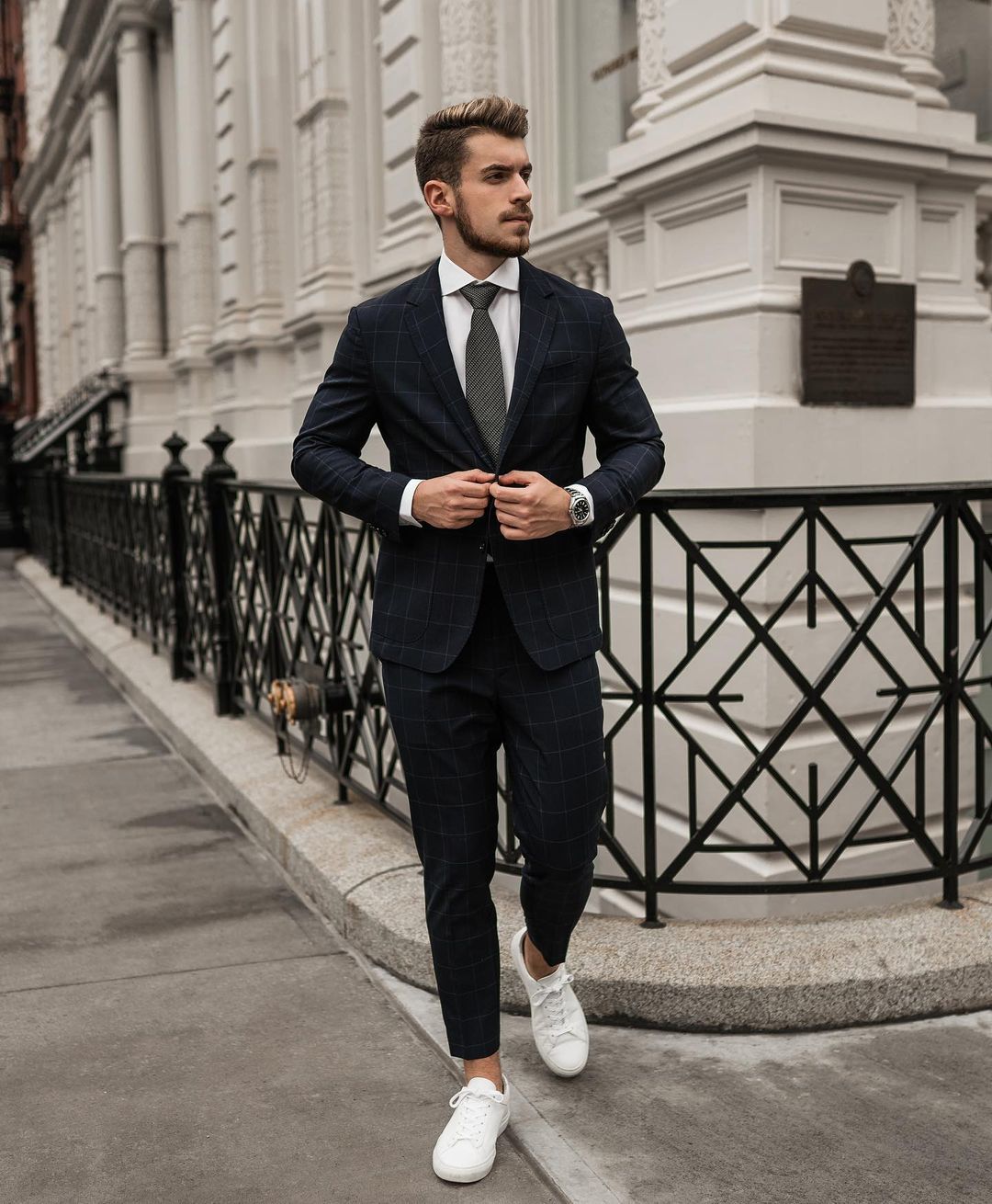 Men's Blue Suit, White Crew-neck T-shirt, White Leather High Top Sneakers