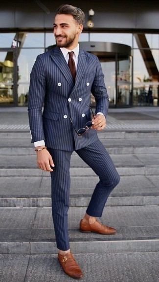 Navy Blue Striped Two Button Suit