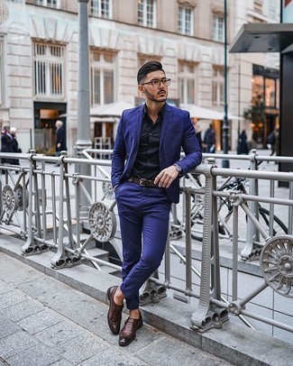 Black Dress Shirt Outfits For Men: This pairing of a black dress shirt and a navy suit is a surefire option when you need to look truly dapper. A pair of dark brown leather monks effortlessly dials up the street cred of your look.