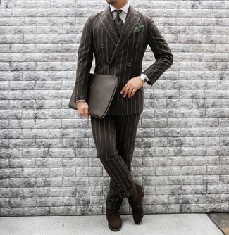 Brown Vertical Striped Suit Outfits: Putting together a brown vertical striped suit and a white dress shirt is a surefire way to infuse your styling collection with some rugged refinement. Let your styling chops truly shine by complementing this outfit with a pair of dark brown suede monks.