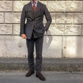 Black Vertical Striped Suit Outfits: You're looking at the solid proof that a black vertical striped suit and a white and brown vertical striped dress shirt look awesome when combined together in an elegant outfit for today's man. Dark brown suede monks look awesome here.