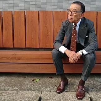 Monks Outfits After 60: Consider teaming a charcoal vertical striped suit with a white dress shirt and you'll be the picture of refinement. Monks finish off this outfit very well. Guys wondering how to dress stylishly after sixty, you have your answer.