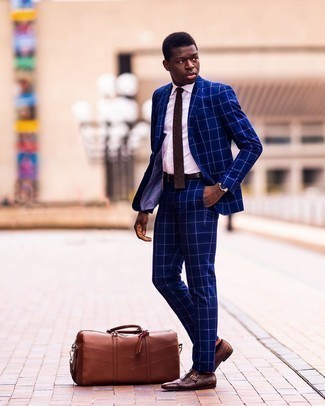 Navy Check Suit Outfits: Combining a navy check suit with a white dress shirt is an awesome option for a classic and elegant ensemble. Complete your getup with a pair of brown leather monks et voila, your look is complete.