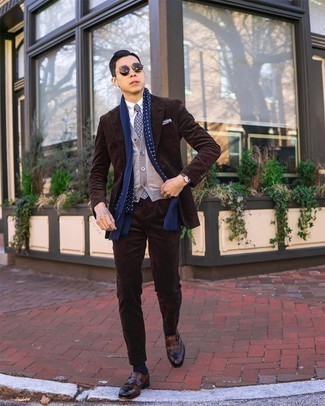 Dark Brown Monks Outfits: Consider wearing a dark brown suit and a white dress shirt for extra dapper attire. Let your styling savvy really shine by rounding off your ensemble with dark brown monks.