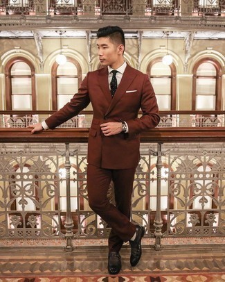 Dark Brown Leather Monks Outfits: A brown suit and a white dress shirt are indispensable sartorial weapons in any modern man's sartorial arsenal. For something more on the casual and cool side to complement this getup, complete your look with dark brown leather monks.
