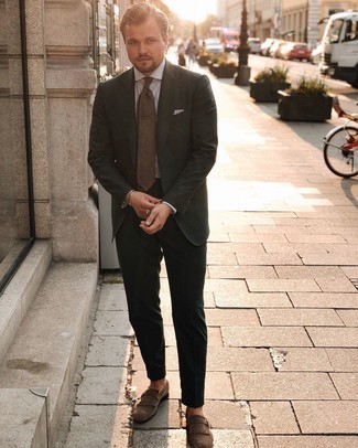 Dark Green Suit Outfits: Marry a dark green suit with a white and black vertical striped dress shirt for a classic and classy silhouette. If in doubt as to what to wear in the footwear department, go with a pair of brown suede monks.