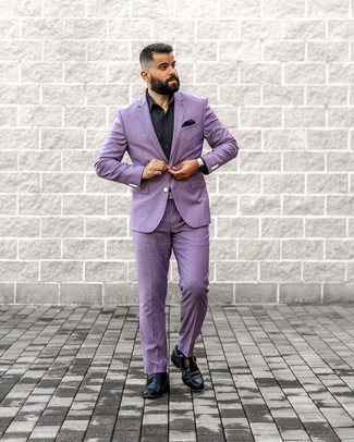 Black and White Print Dress Shirt Outfits For Men: A black and white print dress shirt and a light violet suit are worth adding to your list of must-have menswear items. On the shoe front, this look is complemented really well with black leather monks.
