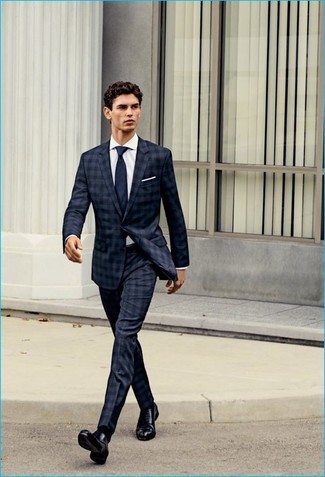 Navy and Green Plaid Suit Outfits: Pairing a navy and green plaid suit and a white dress shirt is a surefire way to inject personality into your styling routine. When in doubt as to the footwear, complement your ensemble with a pair of black leather oxford shoes.