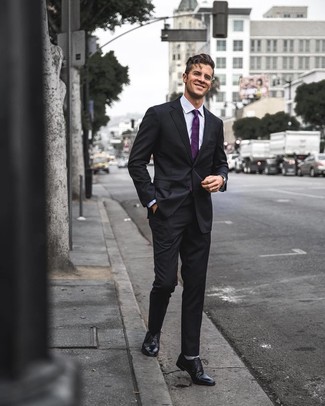 Dark Purple Tie Outfits For Men: Marry a black suit with a dark purple tie if you're going for a proper, classic look. If you want to instantly tone down your outfit with shoes, why not round off with a pair of black leather oxford shoes?