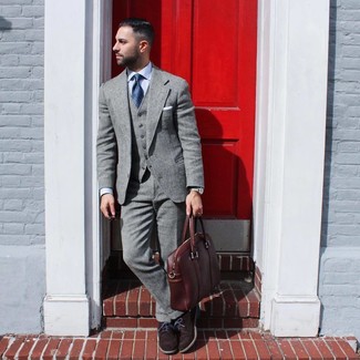 Men's Grey Wool Suit, Light Blue Dress Shirt, Dark Brown Suede Oxford Shoes, Brown Leather Briefcase