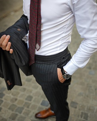 Grey Print Pocket Square Outfits: A charcoal vertical striped suit and a grey print pocket square are a cool pairing to have in your daily off-duty fashion mix. Put an elegant spin on an otherwise utilitarian look by finishing off with a pair of brown leather oxford shoes.