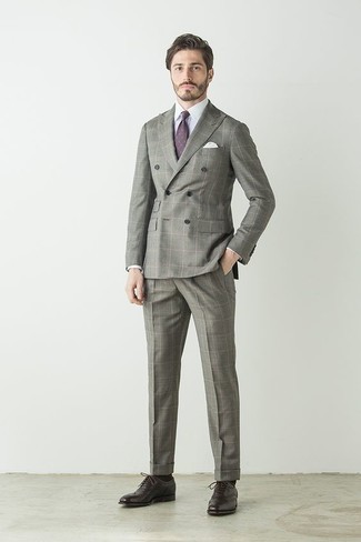 Purple Print Tie Outfits For Men: Choose a grey check suit and a purple print tie to have all eyes on you. Add dark brown leather oxford shoes to this ensemble et voila, the ensemble is complete.