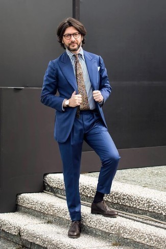 Tobacco Paisley Tie Outfits For Men: For an ensemble that's truly gasp-worthy, go for a blue suit and a tobacco paisley tie. Dark brown leather oxford shoes are an easy way to add a hint of stylish effortlessness to your look.