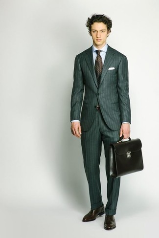 Dark Green Suit Outfits: A dark green suit and a light blue dress shirt are among the fundamental elements of any versatile menswear collection. Let your styling prowess truly shine by finishing off this look with a pair of dark brown leather oxford shoes.