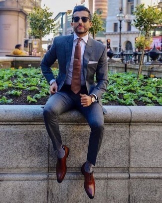 Men's Charcoal Check Suit, White Dress Shirt, Tobacco Leather Oxford Shoes, Brown Tie