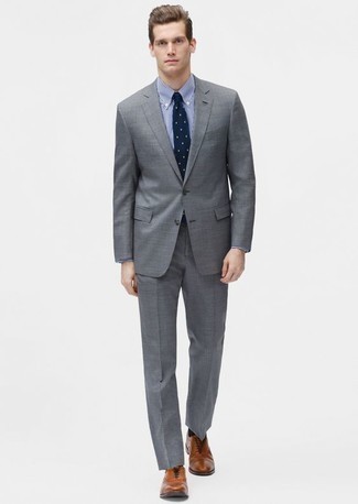 Men's Grey Suit, White and Navy Check Dress Shirt, Tobacco Leather Oxford Shoes, Navy and White Polka Dot Tie