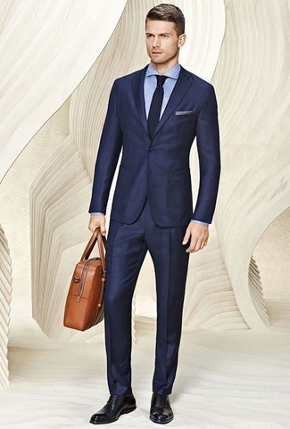 Men's Navy Suit, Light Blue Chambray Dress Shirt, Black Leather Oxford Shoes, Tobacco Leather Briefcase