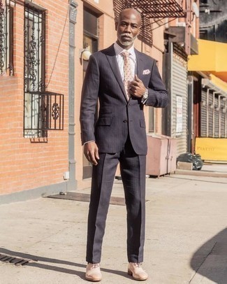 Charcoal Vertical Striped Suit Outfits: A charcoal vertical striped suit looks especially polished when paired with a white plaid dress shirt in a modern man's combo. Complement this ensemble with beige leather oxford shoes to easily amp up the fashion factor of this ensemble.