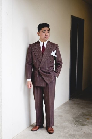 Men's Brown Vertical Striped Suit, White Dress Shirt, Brown Leather Oxford Shoes, Burgundy Print Tie
