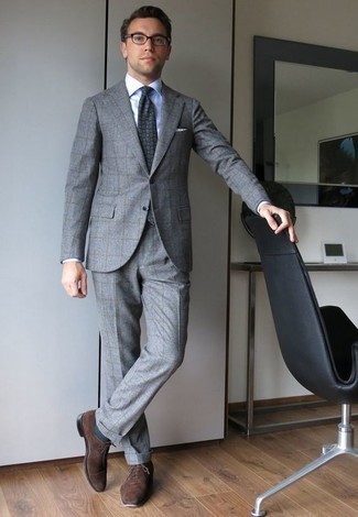 Teal Socks Outfits For Men: A grey check suit and teal socks are the kind of a no-brainer off-duty getup that you need when you have zero time to spare. And if you wish to easily perk up your outfit with shoes, why not add dark brown suede oxford shoes?